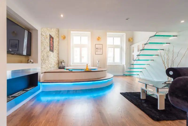 Vibrant living room with cozy jacuzzi, interior photo by Novkov Visuals