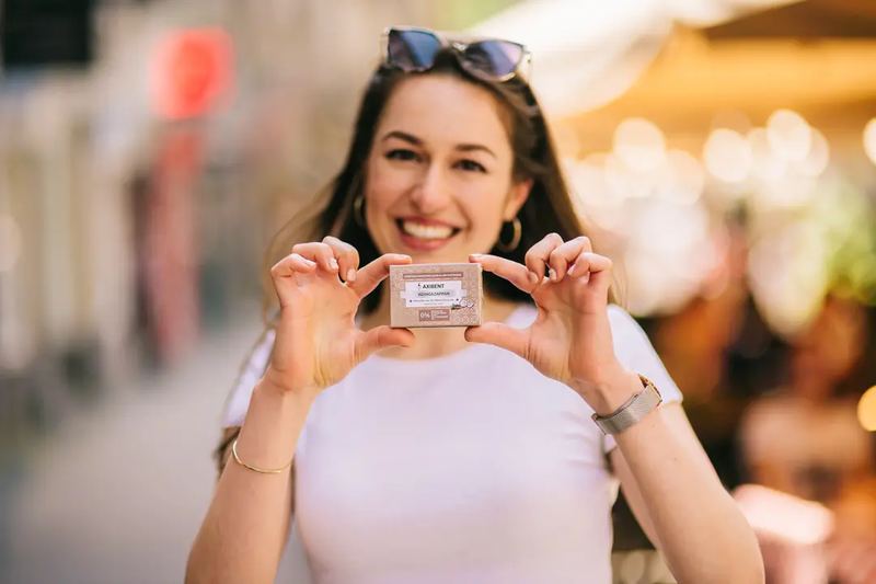 A lady showing cosmetics