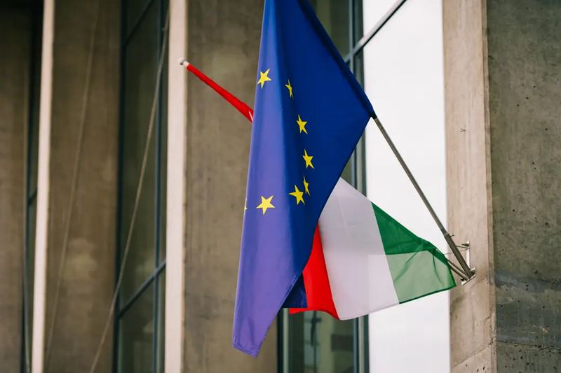 Hungarian and European Union flag on a university in Budapest