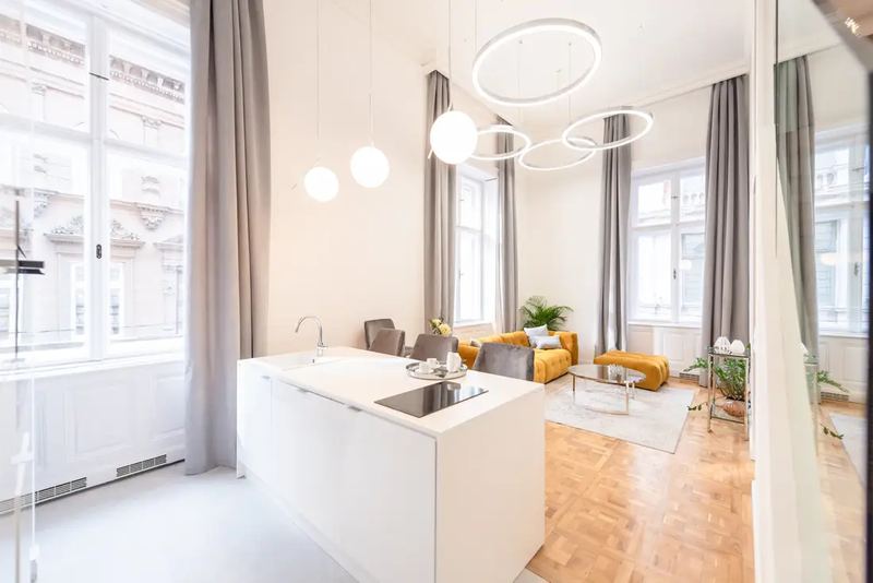 Modern kitchen and living room downtown budapest. Shot by Professional Videographer in Budapest 